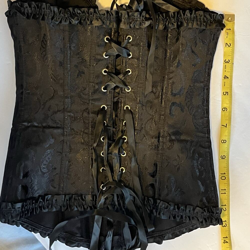 Women's Black Satin Brocade Corset Busk Front Lace up Back S Goth Witchy Pirate - Picture 6 of 8